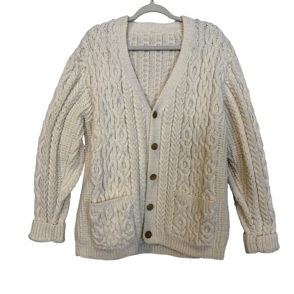 Vintage Wool Fisherman Cable Knit Cardigan Sweater Unisex L/XL Cabin Cozy Coast